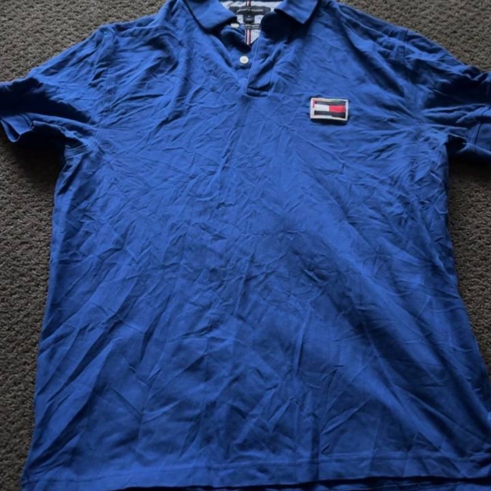 Men's Blue Polo Shirt Tommy Hilfiger Regular Fit Stretch Y2K Preppy Golf Casual